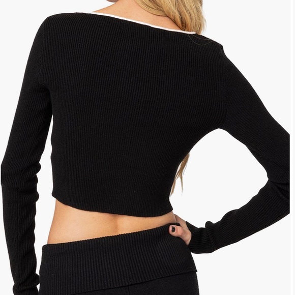 EDIKTED Billy Bow Cutout Rib Black & White Crop Top - Picture 5 of 10